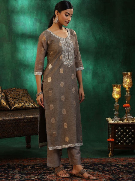 Women Grey Ethnic Motifs Regular Sequinned Kurta with Trousers & With Dupatta Set VitansEthnics
