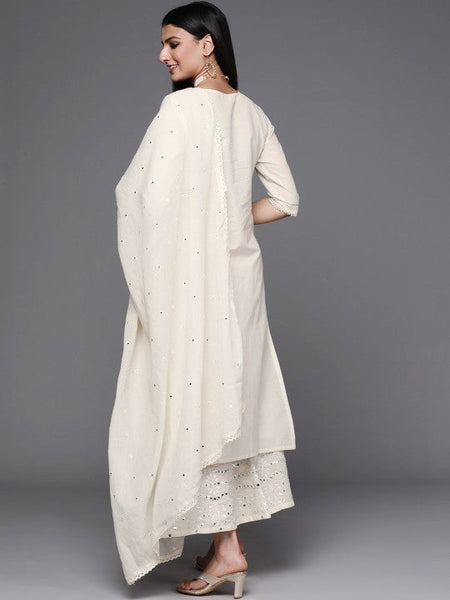 Women Off White Floral Mirror detail Cotton Straight Kurta & Palazzos with Dupatta Set VitansEthnics
