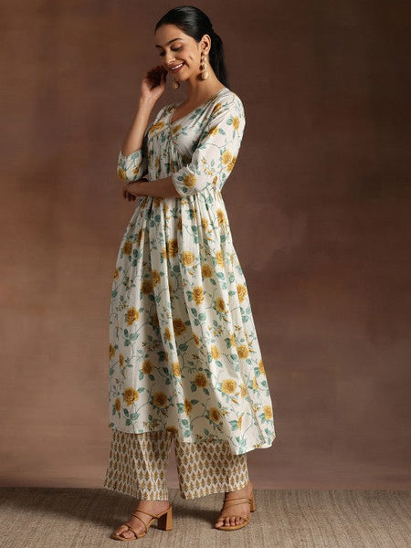 Women Floral Printed Pleated Gotta Patti Pure Cotton A-Line Kurta With Palazzos Set VitansEthnics