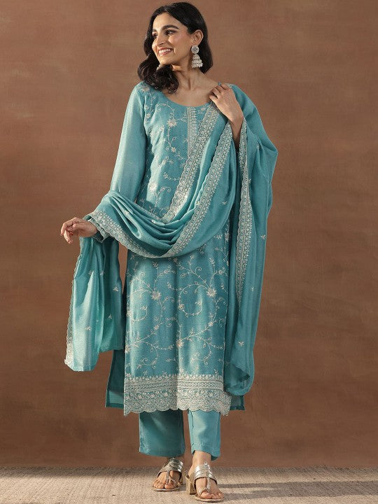 Blue Floral Embroidered Scoop Neck Sequinned Straight Kurta With Trousers & Dupatta