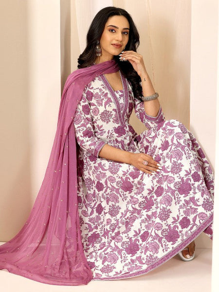 Women Floral Printed V-Neck Panelled Kurta With Trousers And Dupatta Indian Suit Set VitansEthnics