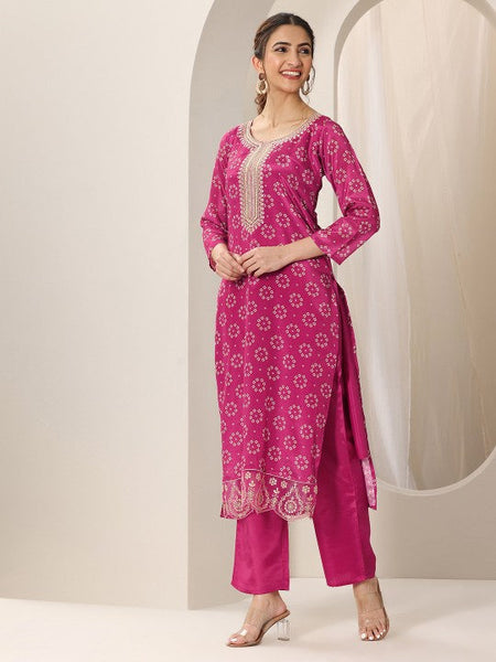 Women Bandhani Printed Round Neck Sequinned Straight Kurta With Trouser & Dupatta Set VitansEthnics