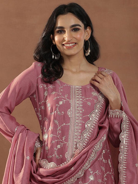 Pink Floral Embroidered Sequinned Straight Kurta With Trousers & Dupatta