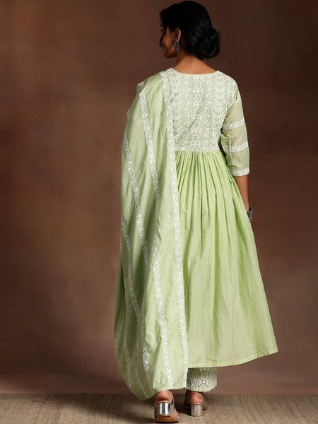 Women Ethnic Motifs High Slit Thread Work Pure Cotton Kurta with Palazzos & Dupatta Set VitansEthnics
