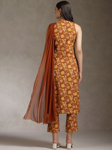 Women Floral Printed Sleeveless Pure Cotton Kurta Set With Dupatta Set VitansEthnics