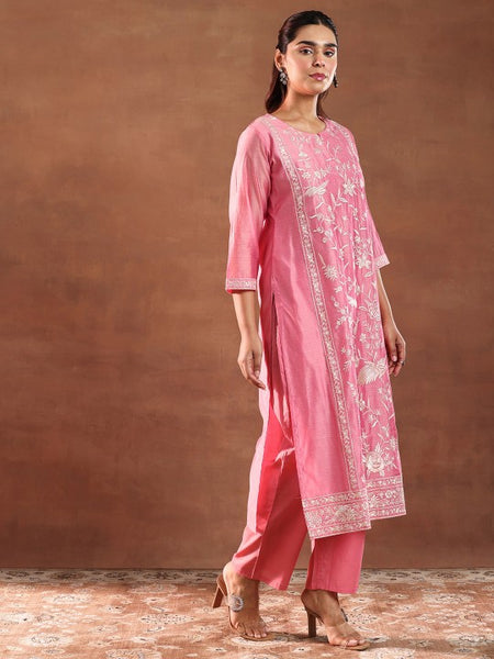 Floral Embroidered Chanderi Silk Kurta With Trousers & Dupatta Set