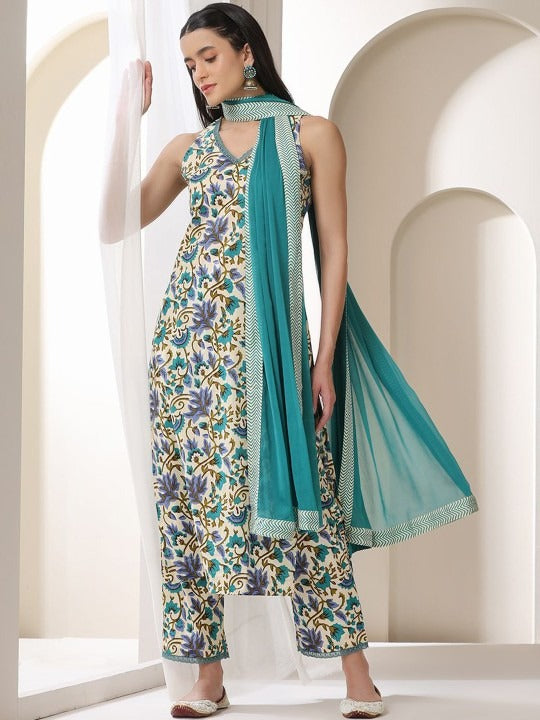 Women Floral Printed V-Neck Pure Cotton Straight Kurta With Trousers & Dupatta Set VitansEthnics