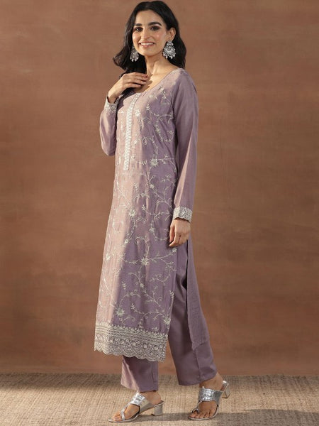 Mauve Floral Embroidered Round Neck Sequinned Straight Kurta With Trousers & Dupatta