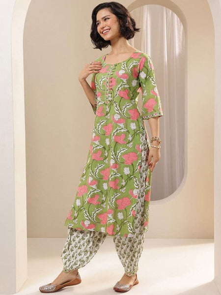 Women Green Floral Printed Regular Kurta with Salwar & With Dupatta Indian Suit Set VitansEthnics