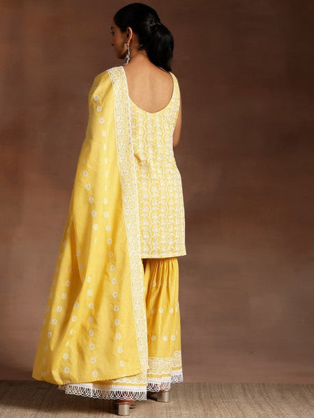 Women Ethnic Motifs Embroidered High Slit Pure Cotton Kurta & Sharara With Dupatta Set VitansEthnics