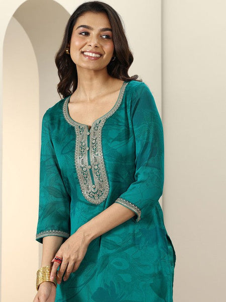 Women Floral Embroidered Regular Silk Chiffon Kurta with Trousers & With Dupatta Indian Suit Set VitansEthnics