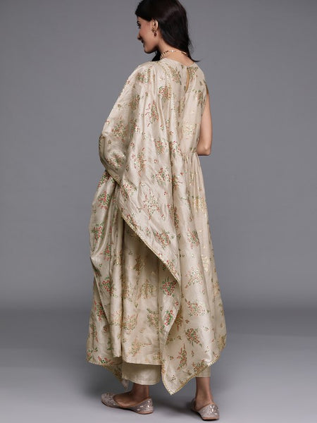 Women Beige Floral Printed Regular Kurta with Palazzos & With Dupatta Set