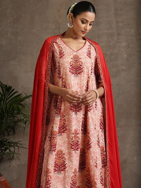 Women Floral Printed Pure Cotton Anarkali Kurta With Palazzos And Dupatta Set VitansEthnics