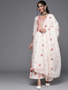 Women Off White & Pink Cotton Floral Thread Work Kurta with Palazzos & Dupatta Set