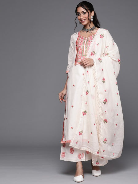 Women Off White & Pink Cotton Floral Thread Work Kurta with Palazzos & Dupatta Set