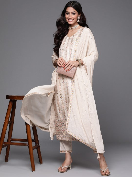 Women Ethnic Motifs Woven Kurta with Trousers & Dupatta Set