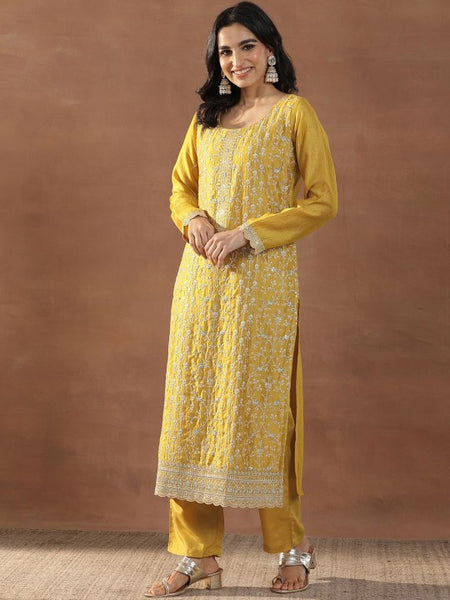 Mustard Yellow Floral Embroidered Sequinned Straight Kurta With Trousers & Dupatta