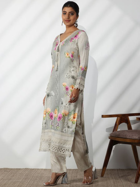 Women Floral Printed V-Neck Thread Work Kurta With Trousers & Dupatta Set