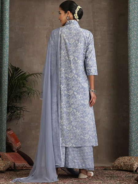 Women Floral Printed Pure Cotton A-Line Kurta With Palazzos And Dupatta Set VitansEthnics