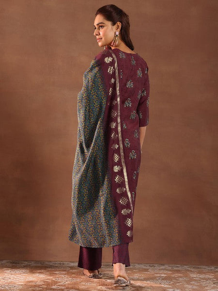 Women Floral Printed Thread Work Straight Kurta With Trousers & Dupatta Set VitansEthnics