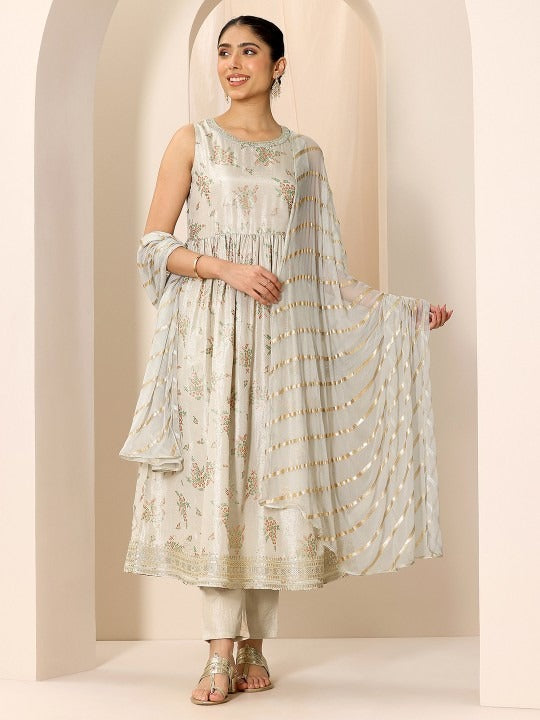 Women Floral Printed Round Neck Sleeveless Anarkali Kurta With Trousers And Dupatta Set VitansEthnics