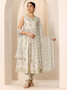 Women Floral Printed Round Neck Sleeveless Anarkali Kurta With Trousers And Dupatta Set VitansEthnics