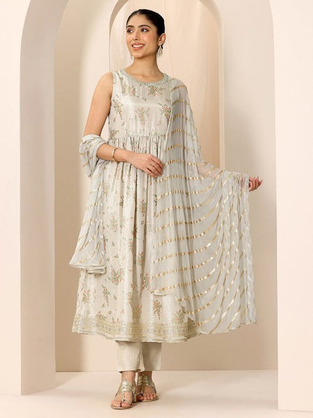 Women Floral Printed Round Neck Sleeveless Anarkali Kurta With Trousers And Dupatta Set VitansEthnics