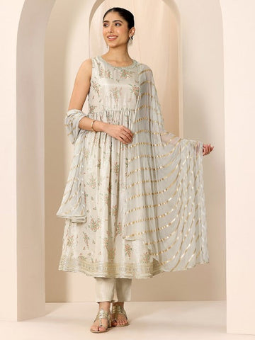 Women Floral Printed Round Neck Sleeveless Anarkali Kurta With Trousers And Dupatta Set VitansEthnics