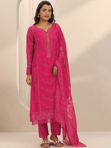 Floral Embroidered Notch Neck Thread Work Straight Kurta With Trousers & Dupatta Set VitansEthnics