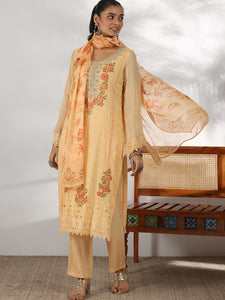 Women Floral Embroidered Thread Work Straight Kurta with Trousers & Dupatta Set