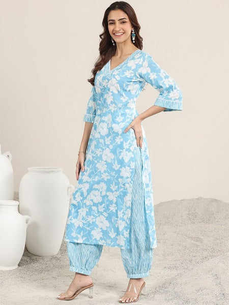 Women Floral Printed V Neck Kurta With Salwar & Dupatta Set VitansEthnics