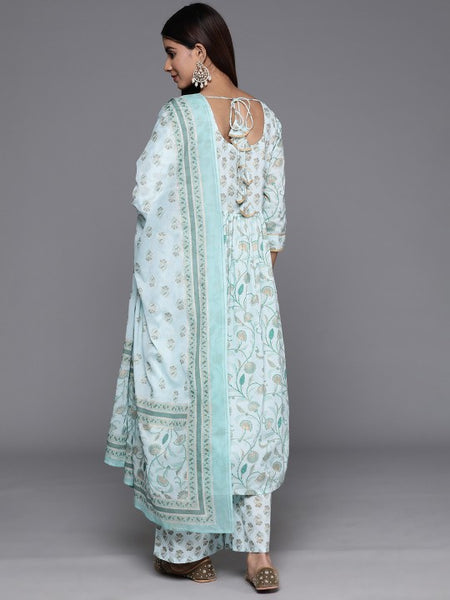 Women Floral Printed Pleated Gotta Patti Pure Cotton Kurta with Palazzos & Dupatta