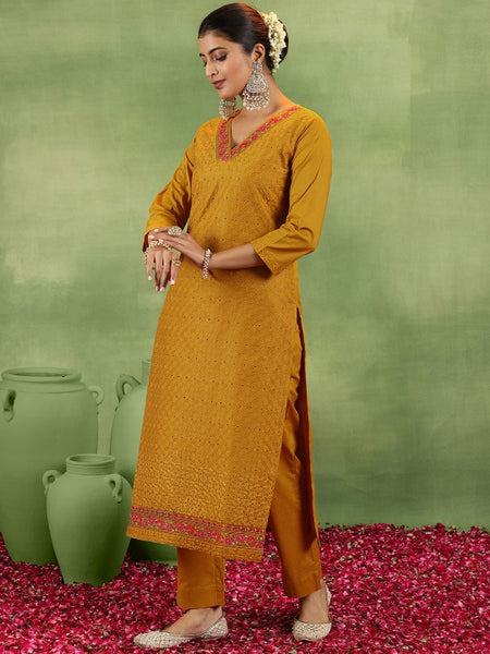Mustrad Yellow Floral Embroidered Schiffli Cotton Kurta With Trousers & Dupatta