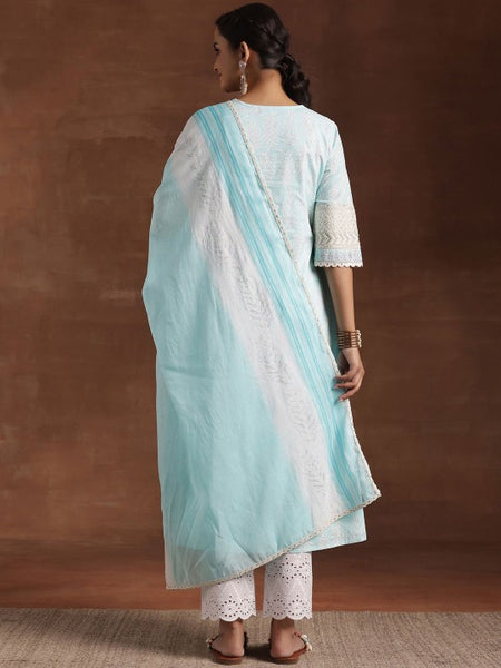 Women Blue Floral Printed Sequinned Pure Cotton Kurta with Trousers & Dupatta