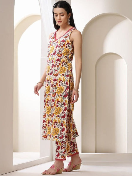 Floral Printed V-Neck Pure Cotton Straight Kurta With Trousers & Dupatta Set VitansEthnics