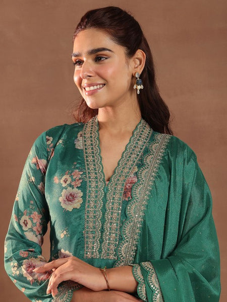 Women Floral Printed V-Neck Thread Work Silk Kurta With Trousers & Dupatta