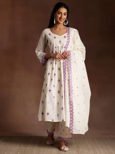 Ethnic Motifs Embroidered Mirror Work Pure Cotton Kurta with Trousers & Dupatta Set