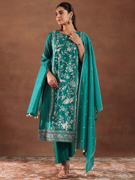 Floral Embroidered Chanderi Silk Kurta With Trousers & Dupatta Set