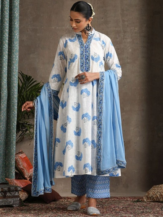 Women Floral Printed Pure Cotton A-Line Kurta With Palazzos And Dupatta Set VitansEthnics