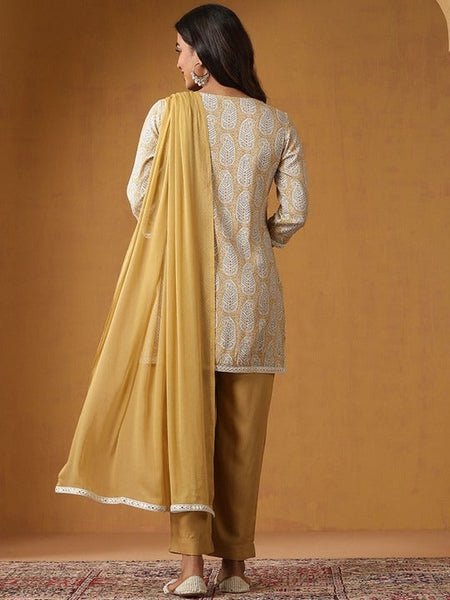 Women Paisley Printed Pure Cotton Straight Kurta With Palazzo And Dupatta Set VitansEthnics