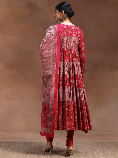 Women Floral Printed Empire Keyhole Neck Anarkali Kurta With Churidar And Dupatta VitansEthnics