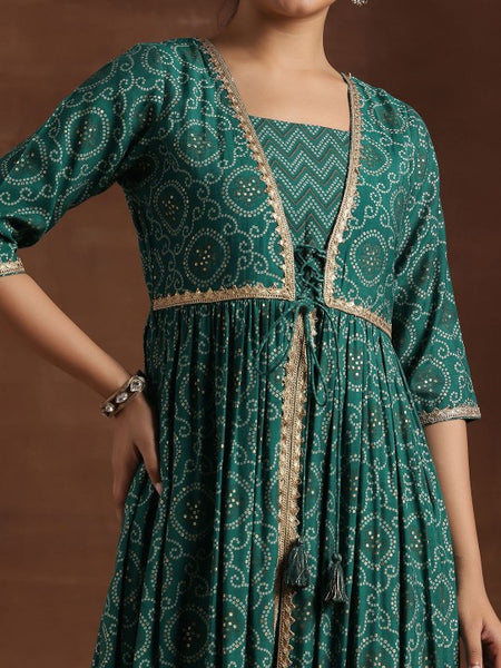 Women Bandhani Printed Pleated Gotta Patti A-Line Kurta with Trousers & Dupatta