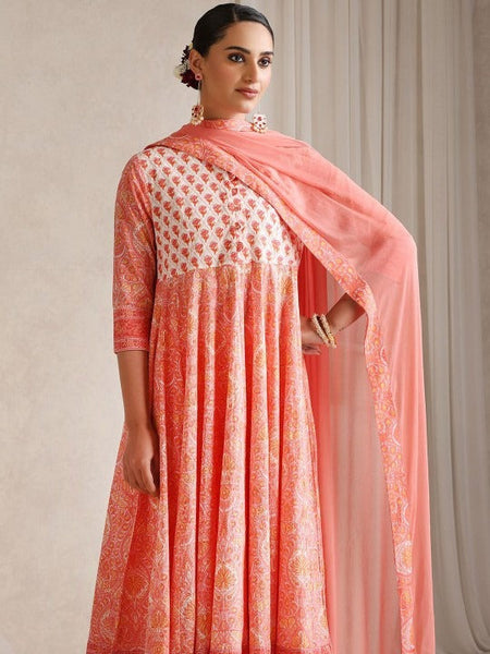 Women Floral Printed Mandarin Collar Pure Cotton Anarkali Kurta & Palazzos & Dupatta VitansEthnics