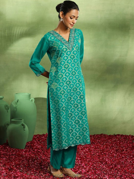 V-Neck Woven Design Zari Straight Kurta with Trouser & Dupatta Set