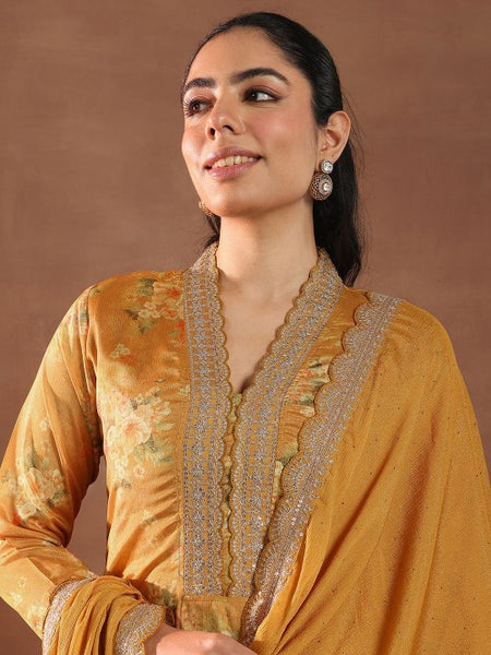 Women Floral Printed V-Neck Thread Work Silk Kurta With Trousers & Dupatta