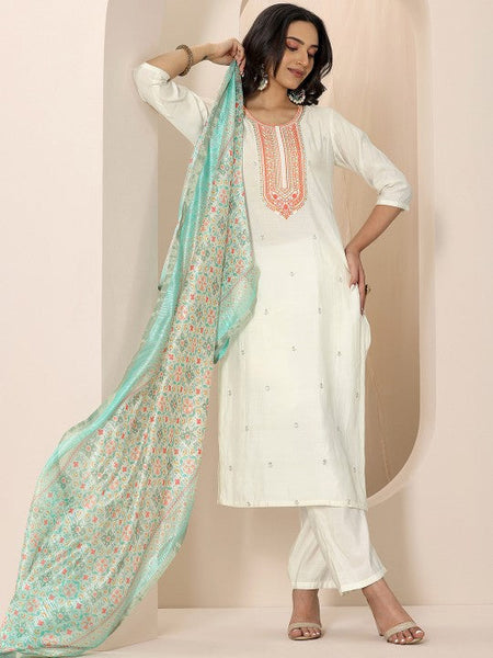 Women Ethnic Motifs Embroidered Round Neck Kurta With Trousers And Dupatta Indian Suit Set VitansEthnics