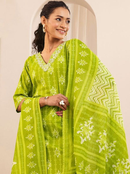 Women Green Floral Printed Regular Thread Work Kurta with Trousers & With Dupatta Set VitansEthnics