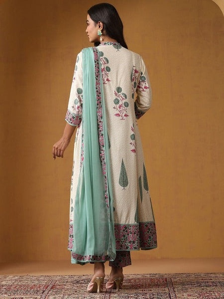 Women Floral Printed Mandarin Collar Pure Cotton A-Line Kurta With Trousers & Dupatta VitansEthnics