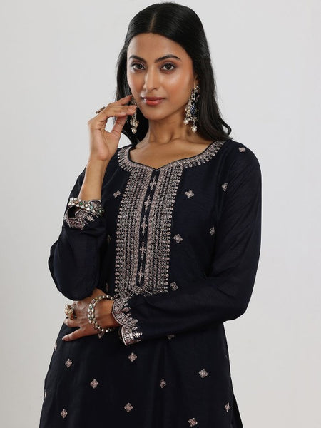 Navy Blue Floral Embroidered Sequinned Straight Kurta with Trouser & Dupatta
