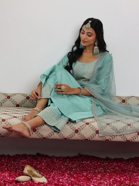Sea Green Floral Embroidered Sequinned Chanderi Silk Kurta with Palazzo & Dupatta